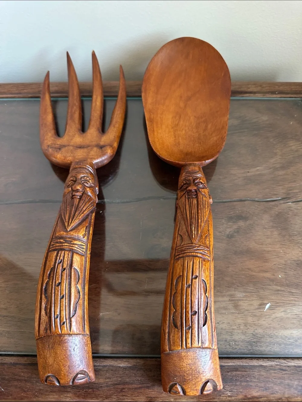 Vintage Mid-Century Hand Carved Wooden Wall Decor - Oversized Fork & Spoon - 12”